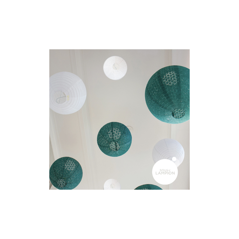 White and green paper lanterns decorations set for a wedding decor