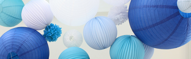 Blue palette wedding decor with paper lanterns