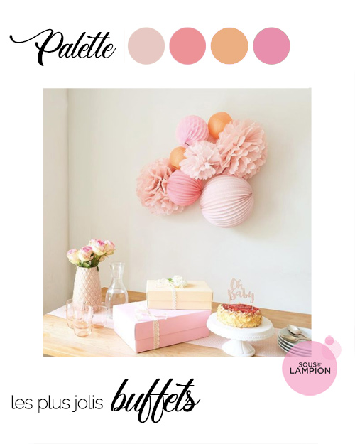 décoration buffet dans les tons roses pastel avec des pompons et lampions