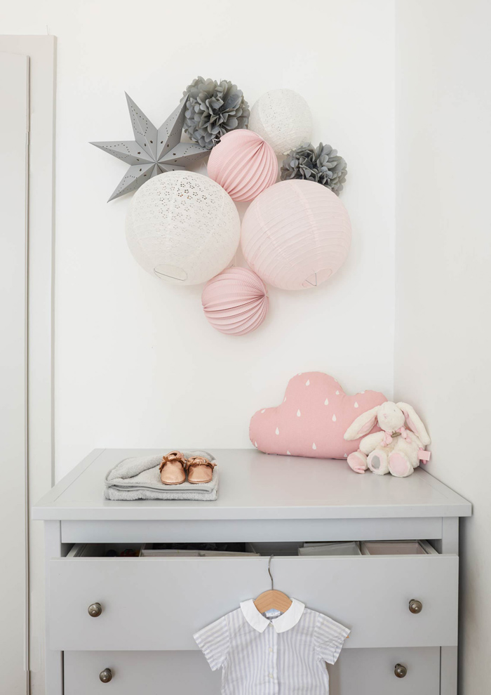 pink and grey paper lanterns wall decor for nursery decor | Under The Paper Lantern 