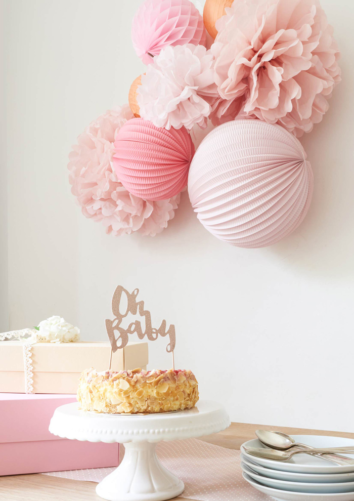 pink paper lanterns wall decor for baby shower and nursery | Under The Paper Lantern 